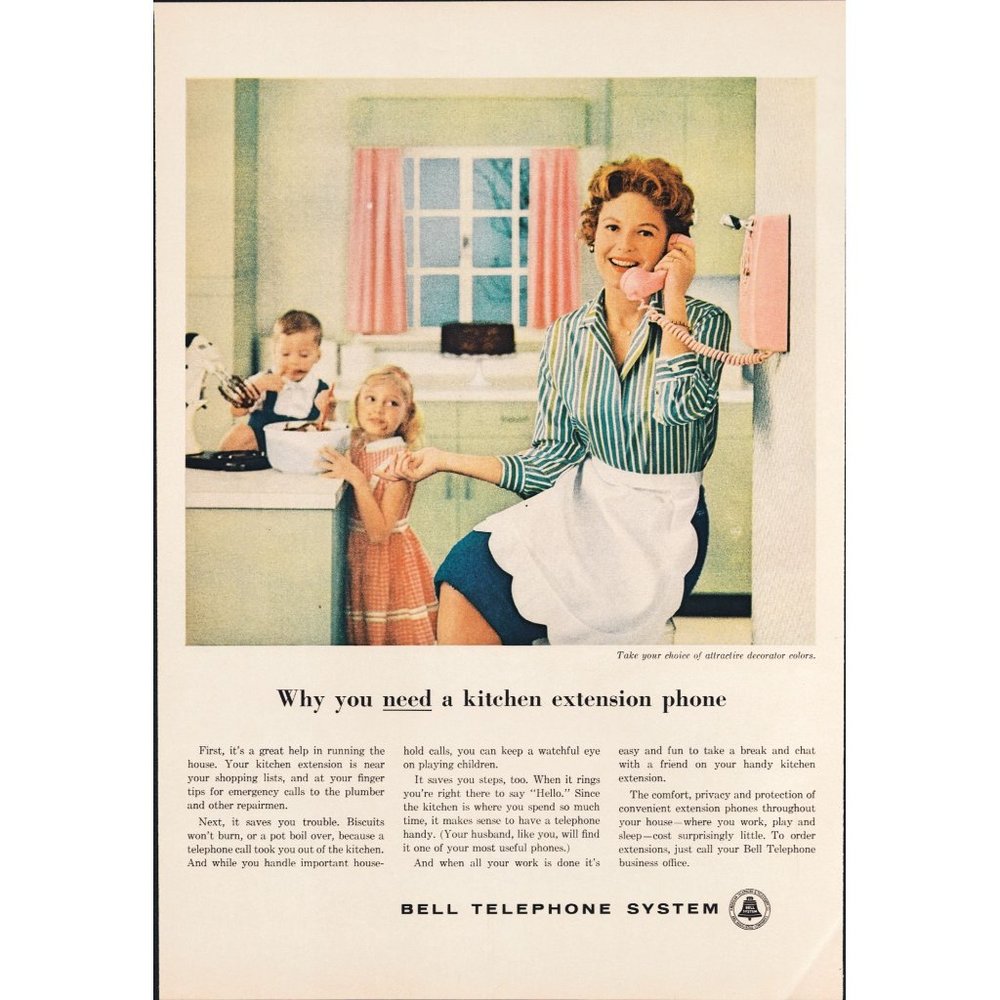 1959 Bell Telephone Pink Phone Vintage Print Ad Mom Baking with Kids Mixmaster